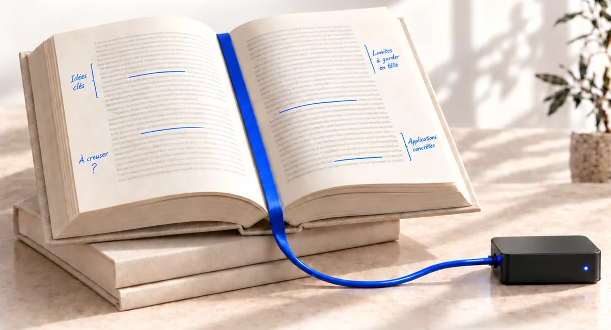 Livre ouvert annoté à la main, dont le signet bleu se prolonge en câble jusqu’à un petit serveur noir
