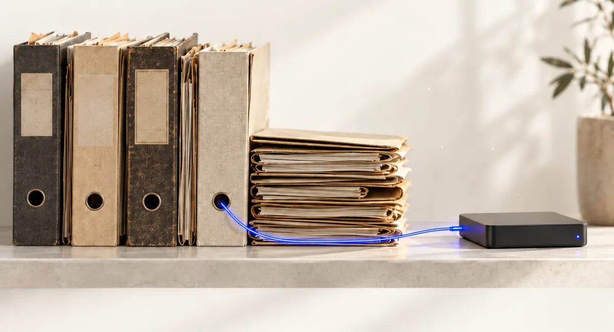 Classeurs d’archives et dossiers reliés par un câble bleu lumineux à un petit serveur noir posé sur une étagère