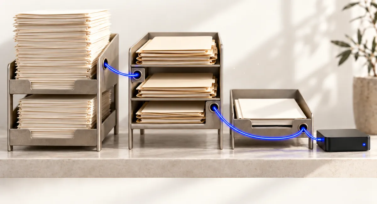 Trois bannettes de dossiers reliées entre elles par un câble bleu lumineux qui aboutit à un petit serveur noir